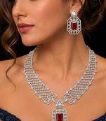 royal ruby red cz bridal jewellery set emerald cut choker necklace, geometric earrings