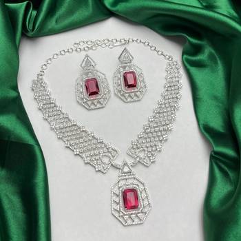 royal ruby red cz bridal jewellery set emerald cut choker necklace, geometric earrings 2