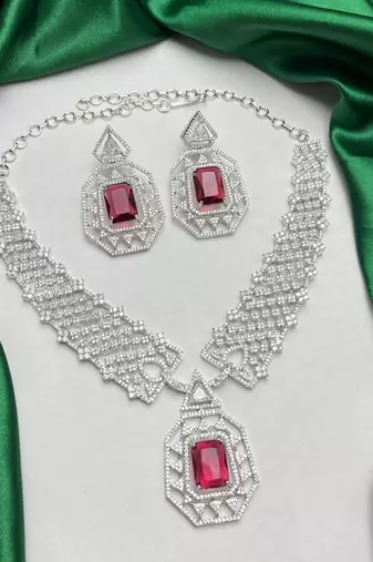 royal ruby red cz bridal jewellery set: emerald cut choker necklace, geometric earrings