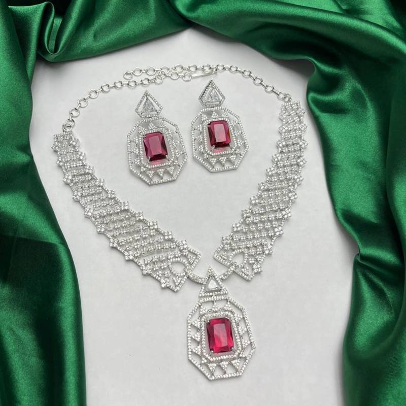 royal ruby red cz bridal jewellery set emerald cut choker necklace, geometric earrings