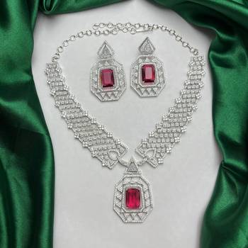 royal ruby red cz bridal jewellery set emerald cut choker necklace, geometric earrings 3