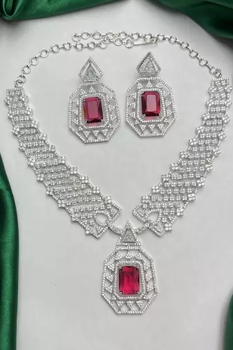 royal ruby red cz bridal jewellery set: emerald cut choker necklace, geometric earrings