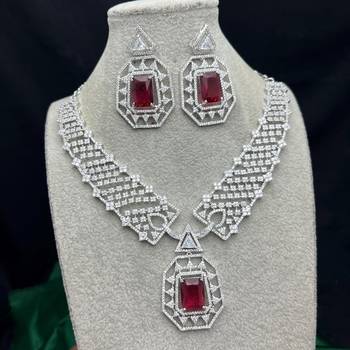 royal ruby red cz bridal jewellery set emerald cut choker necklace, geometric earrings 4