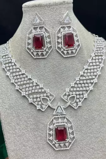 royal ruby red cz bridal jewellery set: emerald cut choker necklace, geometric earrings