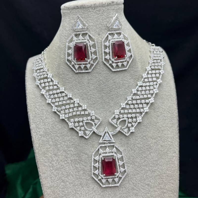royal ruby red cz bridal jewellery set emerald cut choker necklace, geometric earrings