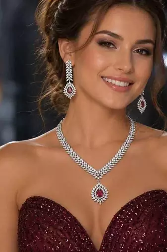 ruby red cz bridal necklace set, marquise diamond silver plated choker, indian wedding jewellery