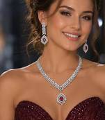 ruby red cz bridal necklace set, marquise diamond silver plated choker, indian wedding jewellery