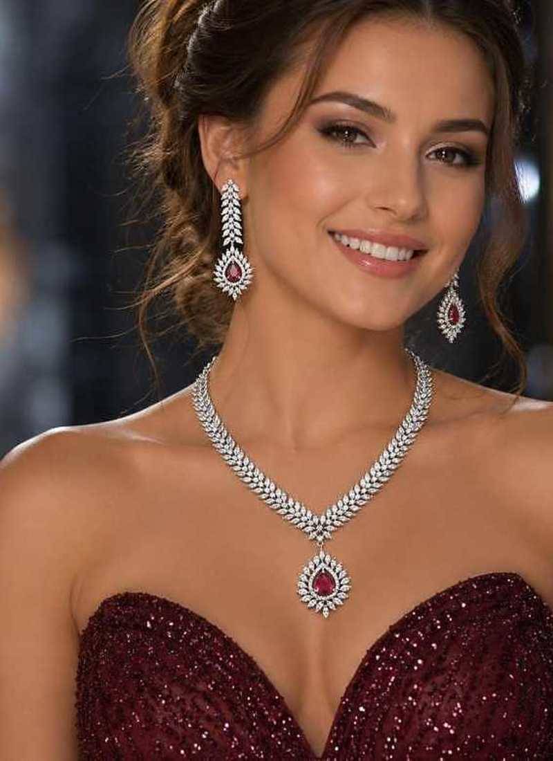 ruby red cz bridal necklace set, marquise diamond silver plated choker, indian wedding jewellery