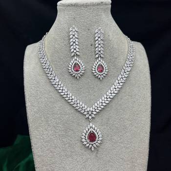 ruby red cz bridal necklace set, marquise diamond silver plated choker, indian wedding jewellery 2