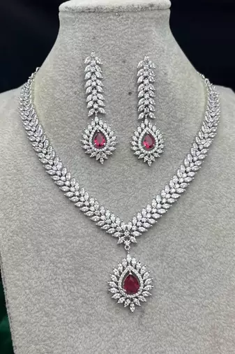ruby red cz bridal necklace set, marquise diamond silver plated choker, indian wedding jewellery