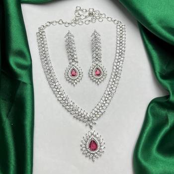 ruby red cz bridal necklace set, marquise diamond silver plated choker, indian wedding jewellery 3