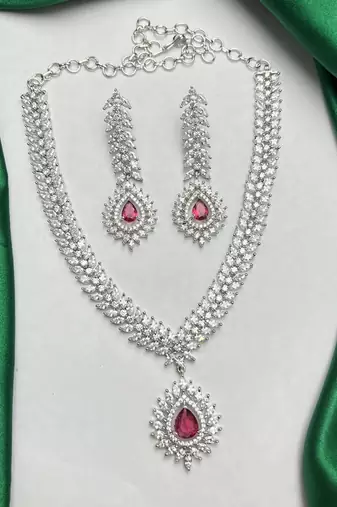 ruby red cz bridal necklace set, marquise diamond silver plated choker, indian wedding jewellery