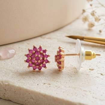 Brass gold natural ruby stud earrings for women girls 1