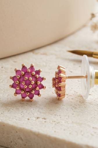 Brass gold natural ruby stud earrings for women girls