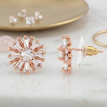 Brass pink rose gold plated moissanite imitation diamond stud earrings for women 1