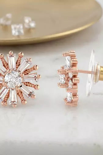 Brass pink rose gold plated moissanite imitation diamond stud earrings for women