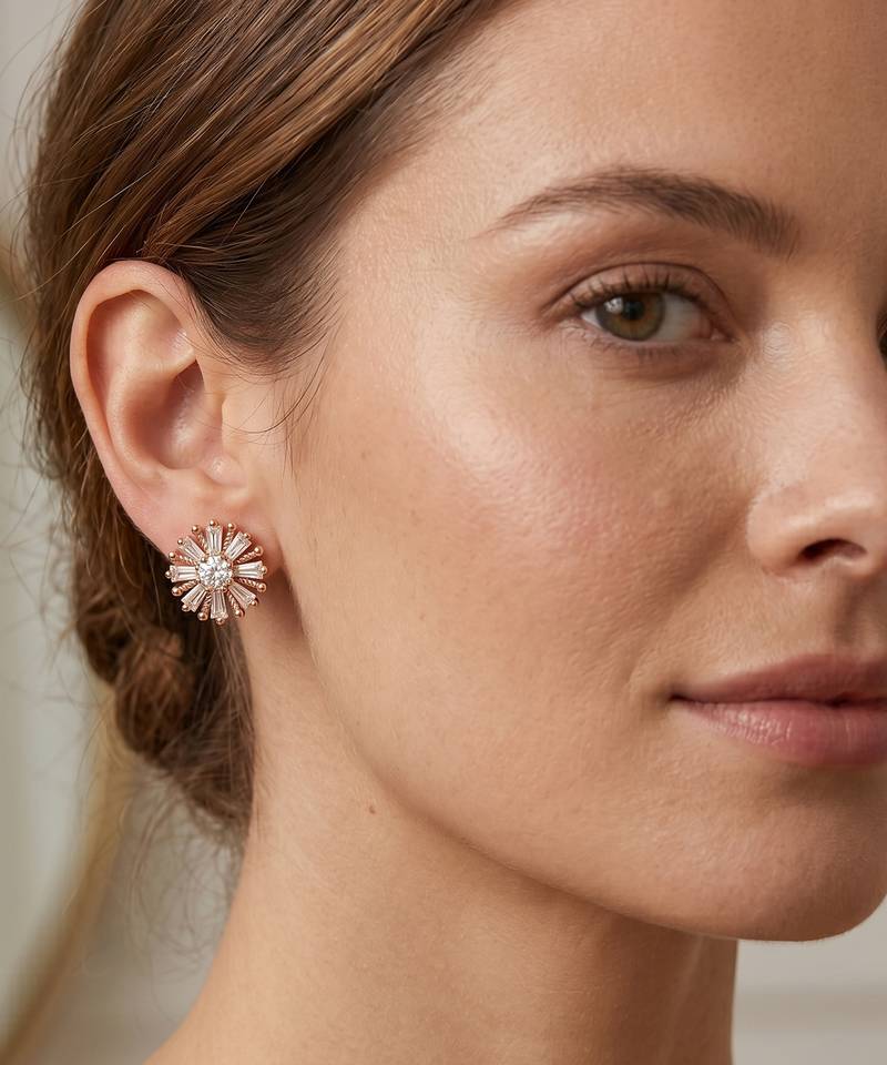 Brass pink rose gold plated moissanite imitation diamond stud earrings for women