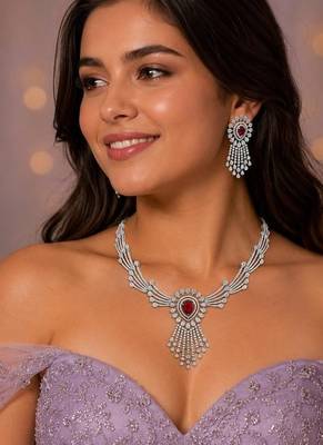 ruby red teardrop chandelier jewellery set, silver rhodium plated bridal statement set 1