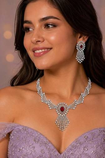 ruby red teardrop chandelier jewellery set, silver rhodium plated bridal statement set