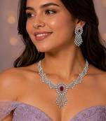 ruby red teardrop chandelier jewellery set, silver rhodium plated bridal statement set