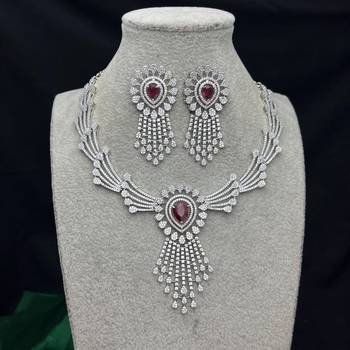 ruby red teardrop chandelier jewellery set, silver rhodium plated bridal statement set 2
