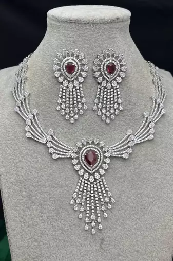 ruby red teardrop chandelier jewellery set, silver rhodium plated bridal statement set