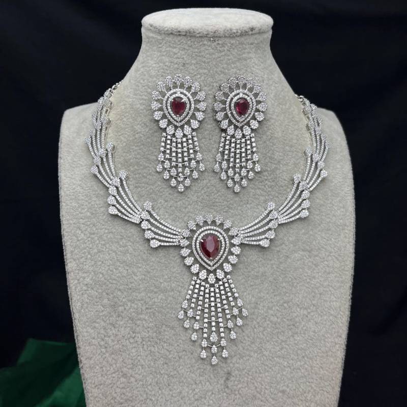 ruby red teardrop chandelier jewellery set, silver rhodium plated bridal statement set