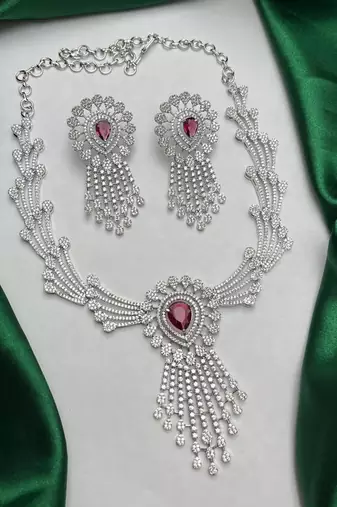 ruby red teardrop chandelier jewellery set, silver rhodium plated bridal statement set