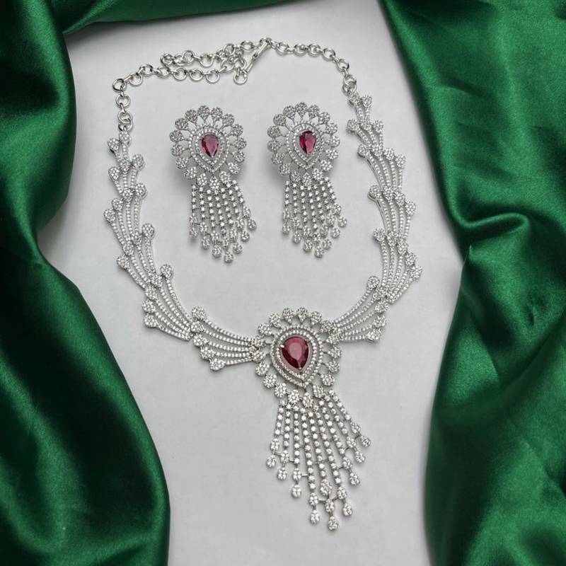 ruby red teardrop chandelier jewellery set, silver rhodium plated bridal statement set