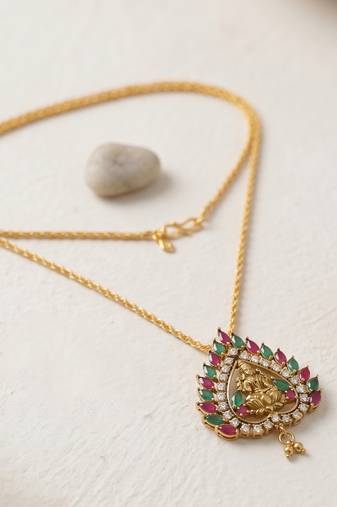 Brass antique gold plated lakshmi pendant with chain
