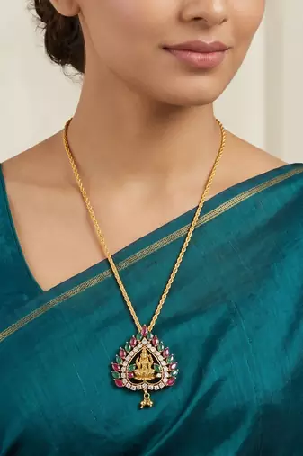 Brass antique gold plated lakshmi pendant with chain