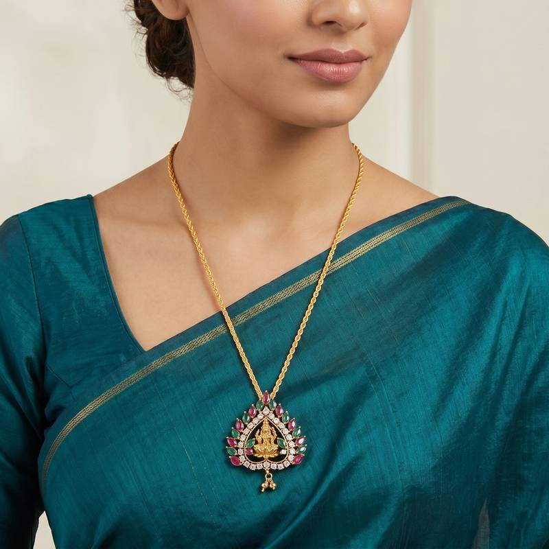Brass antique gold plated lakshmi pendant with chain