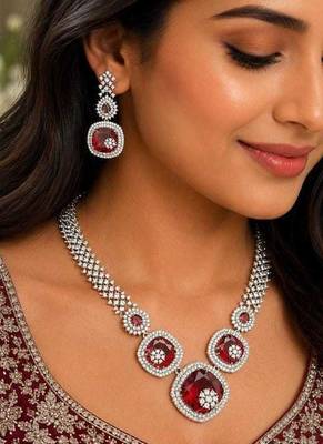 red ruby bridal jewellery set, cushion cut gemstone necklace earrings, silver wedding statement 1