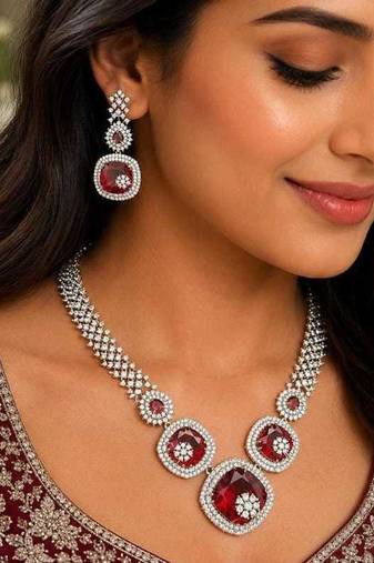 red ruby bridal jewellery set, cushion cut gemstone necklace earrings, silver wedding statement