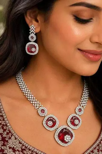 red ruby bridal jewellery set, cushion cut gemstone necklace earrings, silver wedding statement