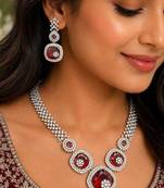 red ruby bridal jewellery set, cushion cut gemstone necklace earrings, silver wedding statement