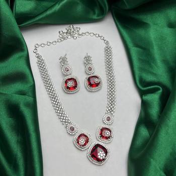 red ruby bridal jewellery set, cushion cut gemstone necklace earrings, silver wedding statement 2