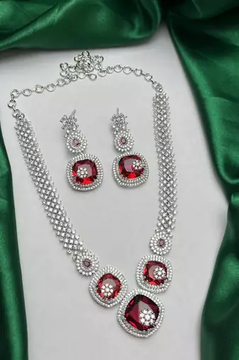 red ruby bridal jewellery set, cushion cut gemstone necklace earrings, silver wedding statement