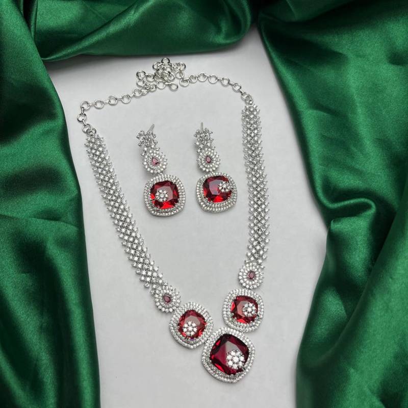 red ruby bridal jewellery set, cushion cut gemstone necklace earrings, silver wedding statement