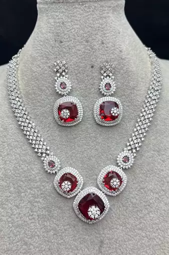 red ruby bridal jewellery set, cushion cut gemstone necklace earrings, silver wedding statement