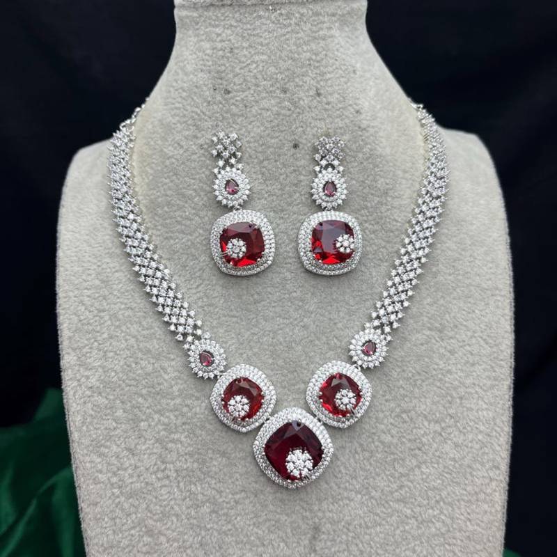 red ruby bridal jewellery set, cushion cut gemstone necklace earrings, silver wedding statement