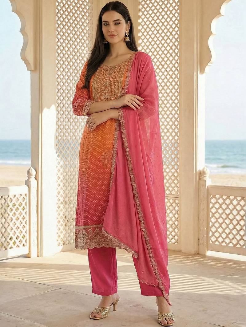 Women Ombre Printed Kurta with Trousers & With Dupatta
