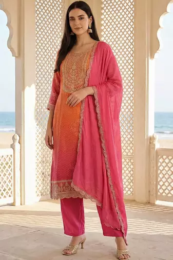 Women Ombre Printed Kurta with Trousers & With Dupatta