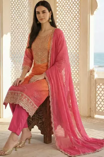 Women Ombre Printed Kurta with Trousers & With Dupatta