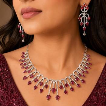 ruby pink pear cut bridal necklace and earrings set, silver plated teardrop gemstone jewellery 1