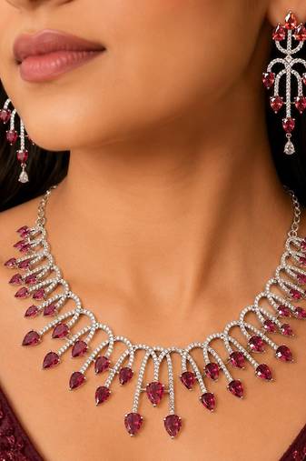 ruby pink pear cut bridal necklace and earrings set, silver plated teardrop gemstone jewellery