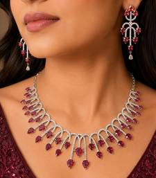 ruby pink pear cut bridal necklace and earrings set, silver plated teardrop gemstone jewellery