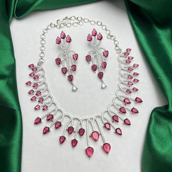 ruby pink pear cut bridal necklace and earrings set, silver plated teardrop gemstone jewellery 2