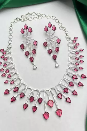 ruby pink pear cut bridal necklace and earrings set, silver plated teardrop gemstone jewellery