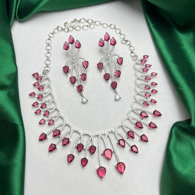 ruby pink pear cut bridal necklace and earrings set, silver plated teardrop gemstone jewellery